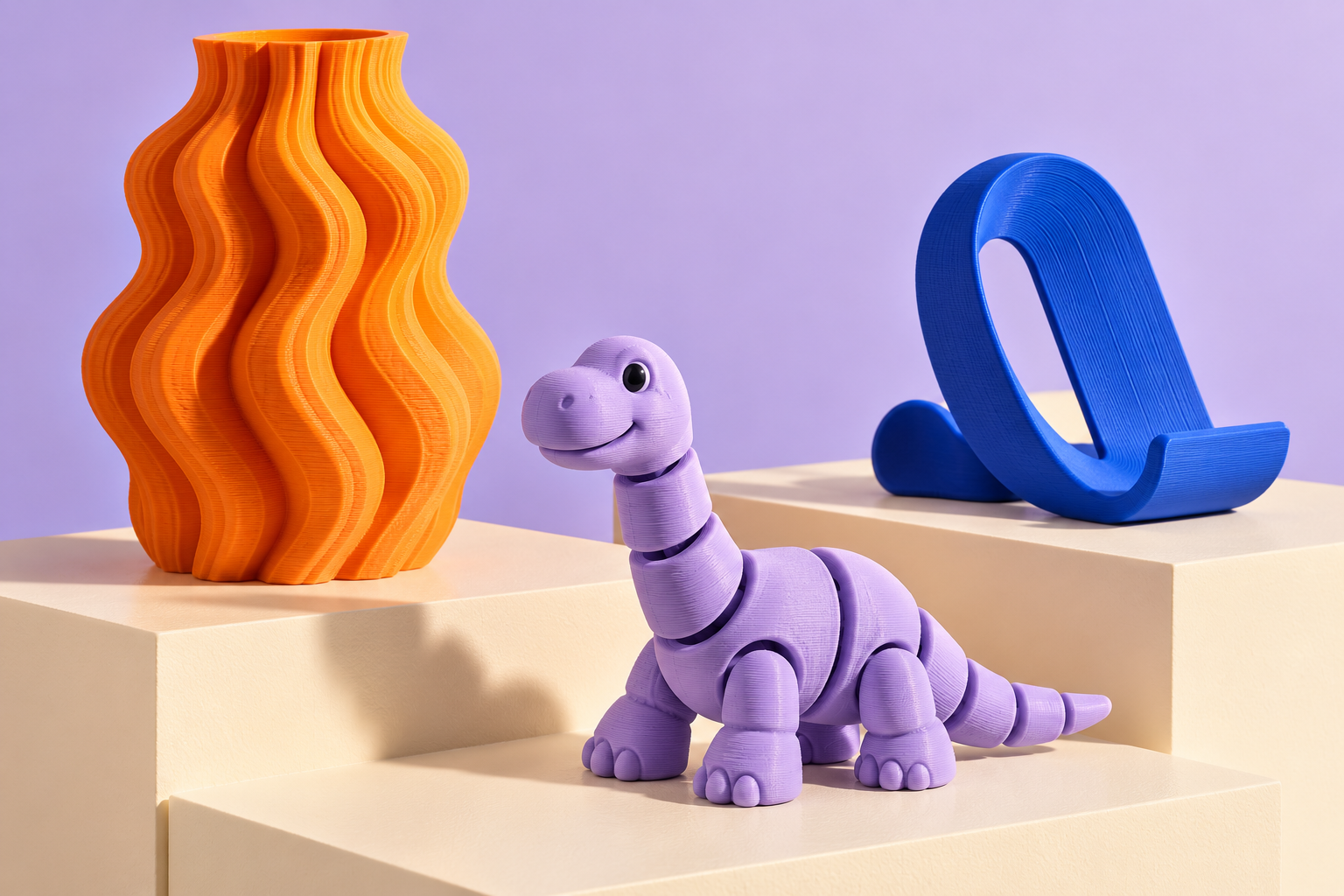 Objetos LayerOne: vaso laranja ondulado, dinossauro lilás e suporte azul
